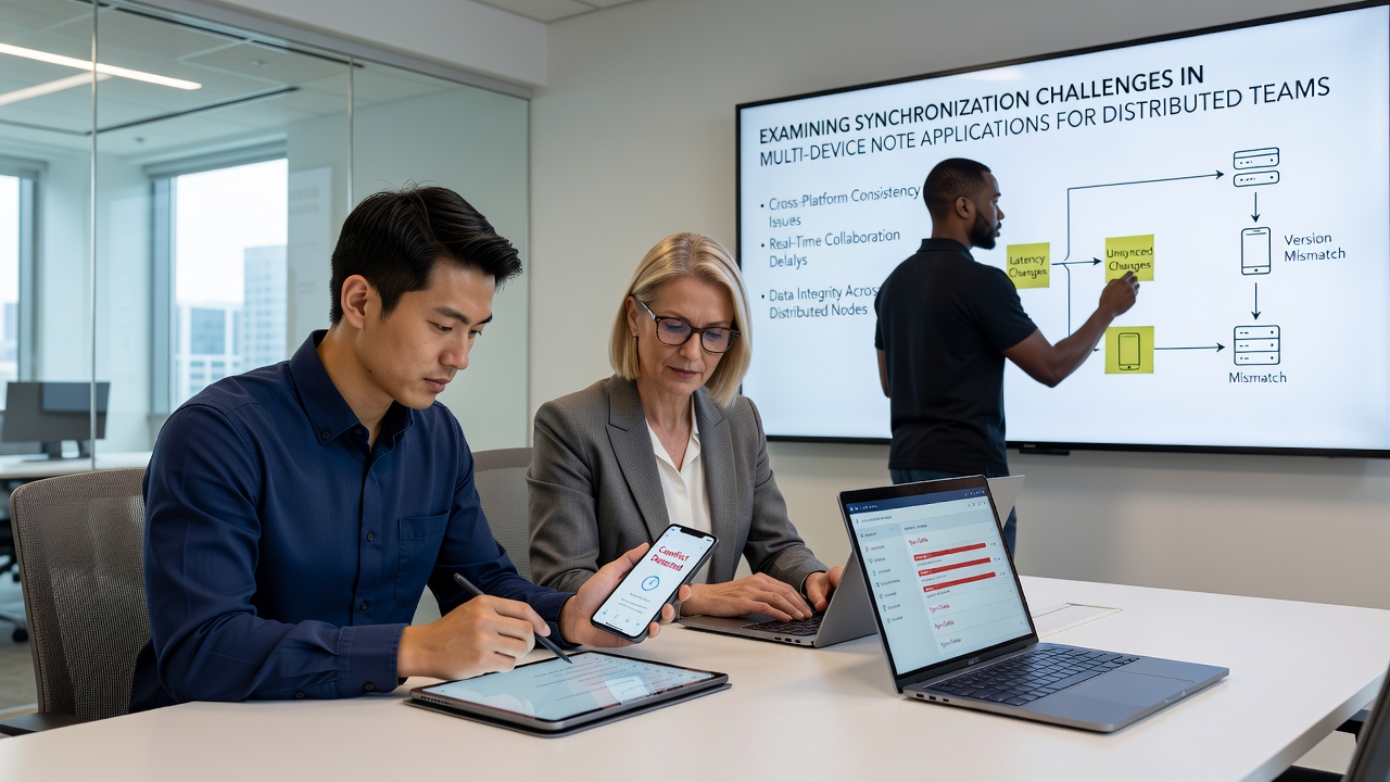 Technical diagram illustrating data flow and conflict resolution steps in multi-device note synchronization