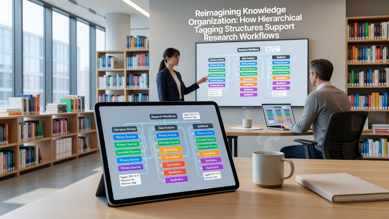 Screenshot of collaborative research dashboard displaying nested tags and synchronized updates across devices